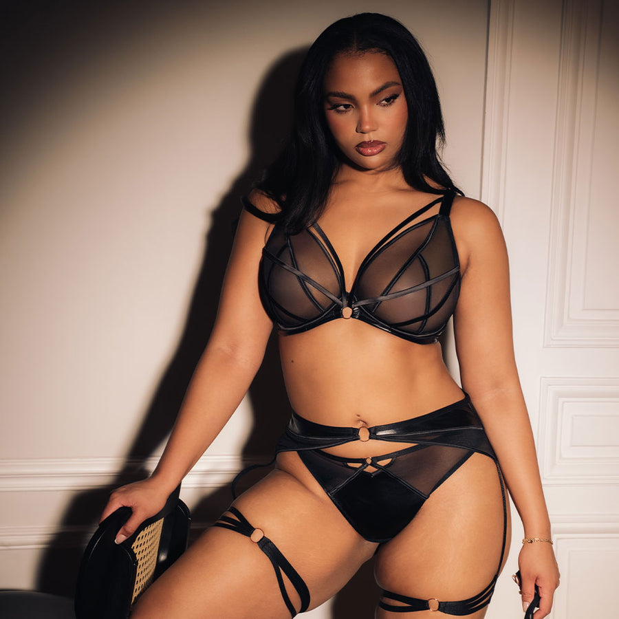 Scantilly Scandal plunge bra in black mesh with strapping detail and faux leather trims