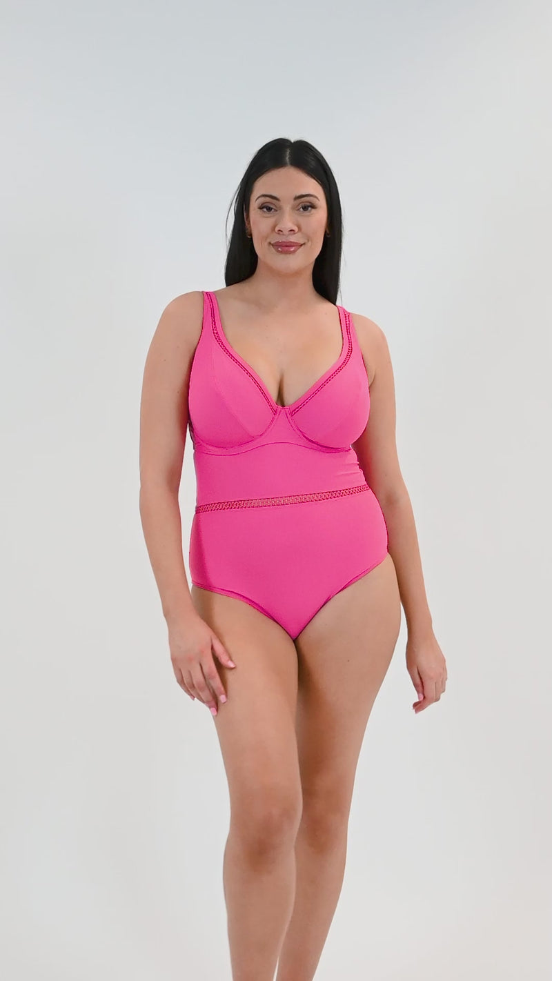 Get the 360 view of our First Class plunge swimsuit in Pink!