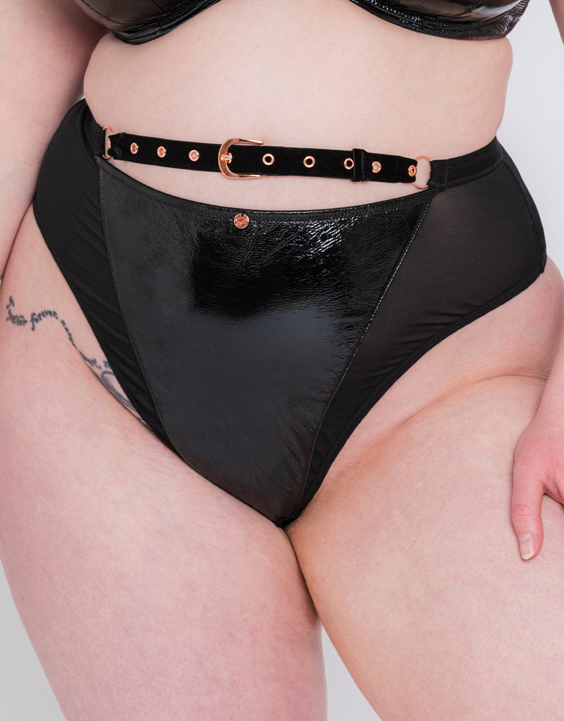 Women Black Lingerie Sexy Panties Wet Look Pvc High Cut Front